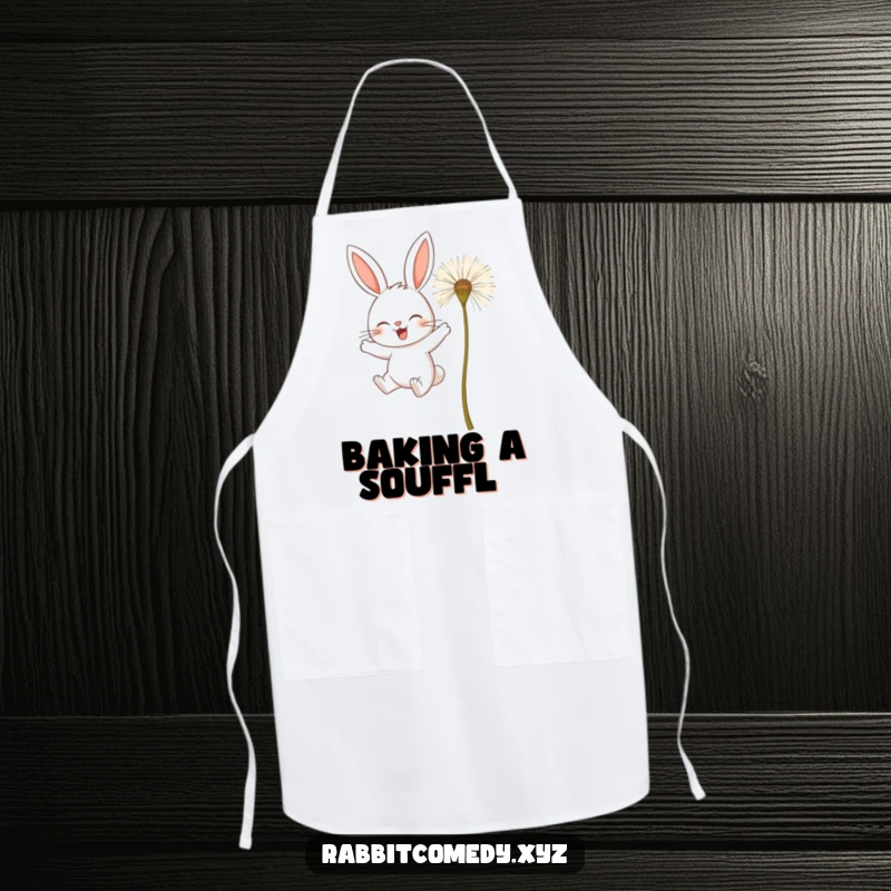 Funny apron featuring a determined rabbit character attempting to fly using giant dandelion seeds, a whimsical kitchen accessory.