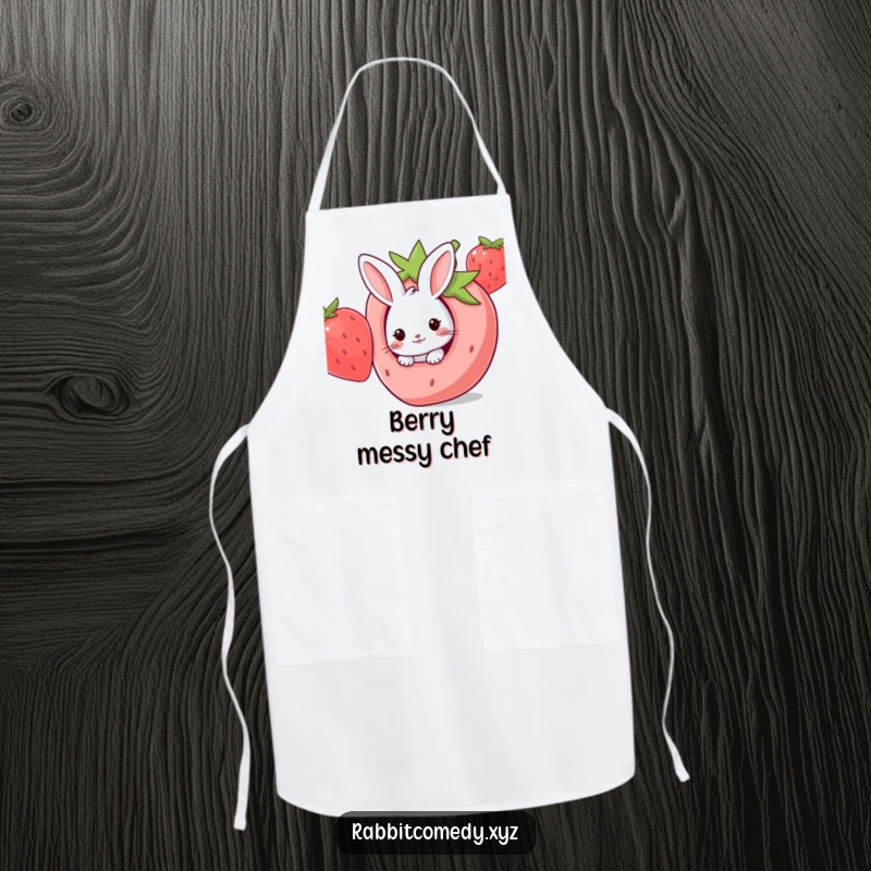 Funny Kawaii rabbit peeking from a giant strawberry hole, bringing sweet humor to this kitchen apron.