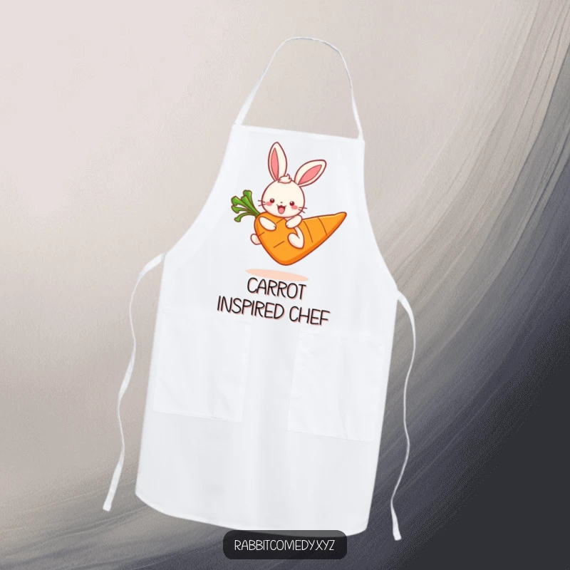 Funny kawaii rabbit character in a chef's hat hopping on a giant carrot, a cute and functional kitchen accessory.