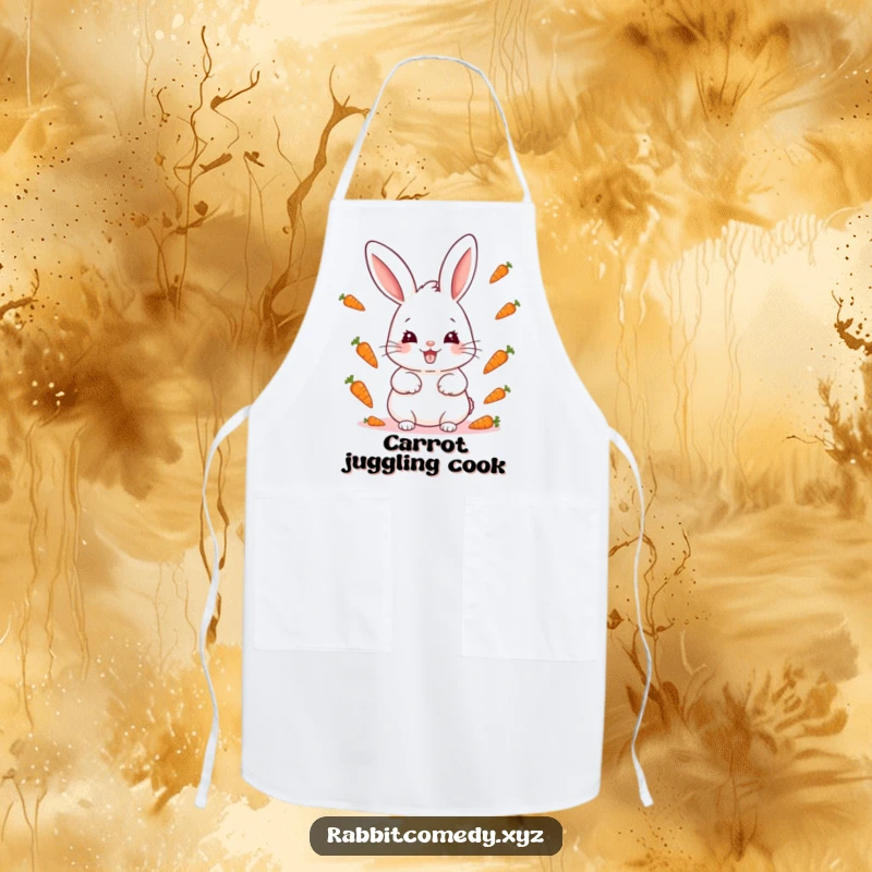 Funny kawaii rabbit with a mischievous grin juggling miniature carrots, a cute and functional kitchen apron.
