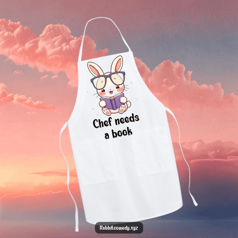 Funny Apron: A kawaii rabbit with oversized glasses reads, making it a humorous and practical accessory for a smart chef.