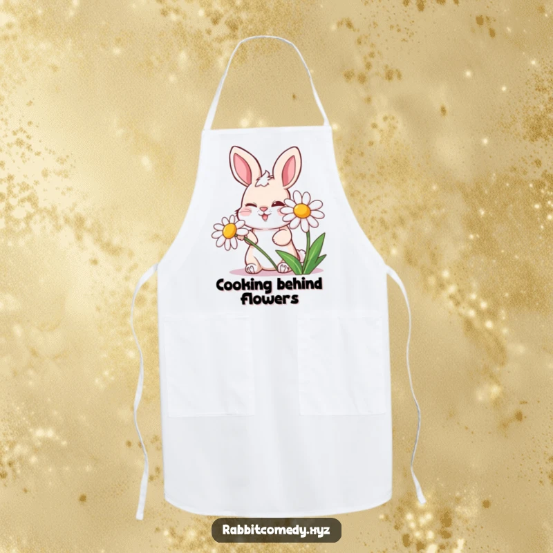 Funny apron showing a mischievous rabbit winking behind a laughing daisy, perfect for adding humor to cooking.