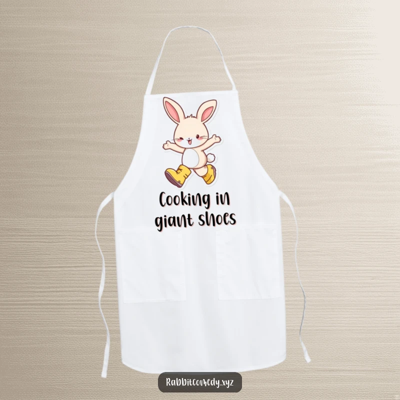 Funny apron featuring a happy rabbit wearing oversized boots, skipping with delight, perfect for kitchen adventures with a whimsical and joyful touch.
