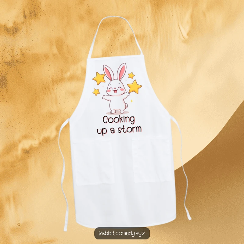 Funny apron featuring a cheerful rabbit character juggling oversized, sparkly stars, perfect for kitchen fun.