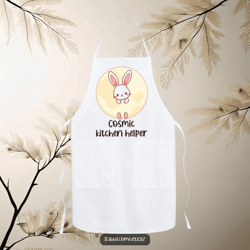 Funny little rabbit apron, peeking playfully from behind a large, round moon, whimsical and charming for kitchen activities.