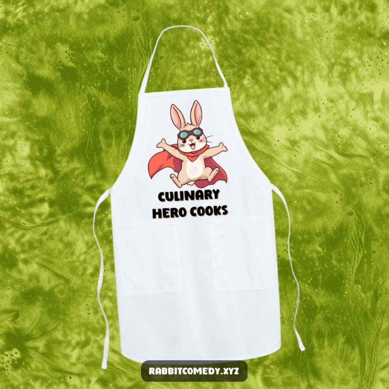 Funny rabbit superhero apron, cape flowing, ready to tackle kitchen tasks with heroic flair, a fun cooking gift.