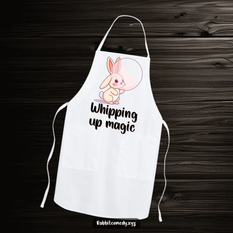 Funny apron showing a rabbit character with floppy ears jumping to catch a large bubble, a humorous kitchen accessory.