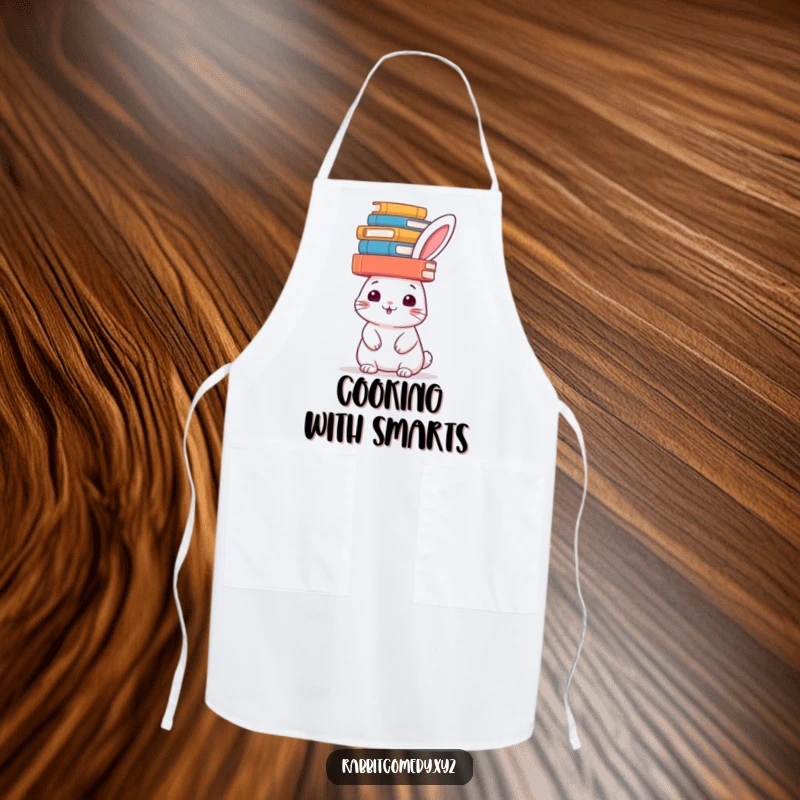Funny rabbit apron, books balanced on its head, ready for culinary tasks with a clever air, a fun cooking gift.