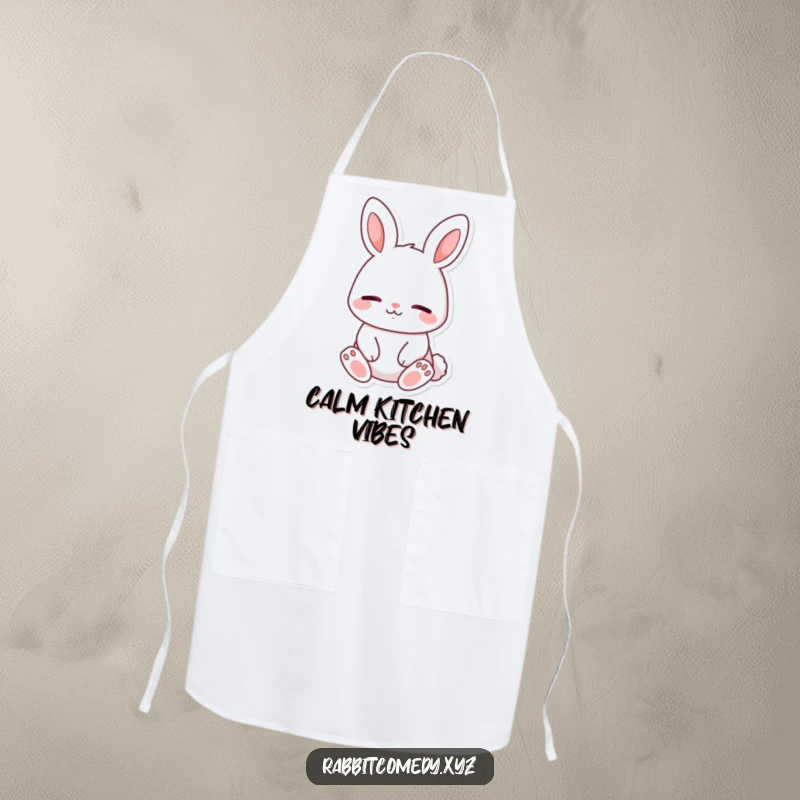 Funny cooking apron, a content rabbit character sitting peacefully, eyes closed with a calm smile, perfect for a serene cooking experience.
