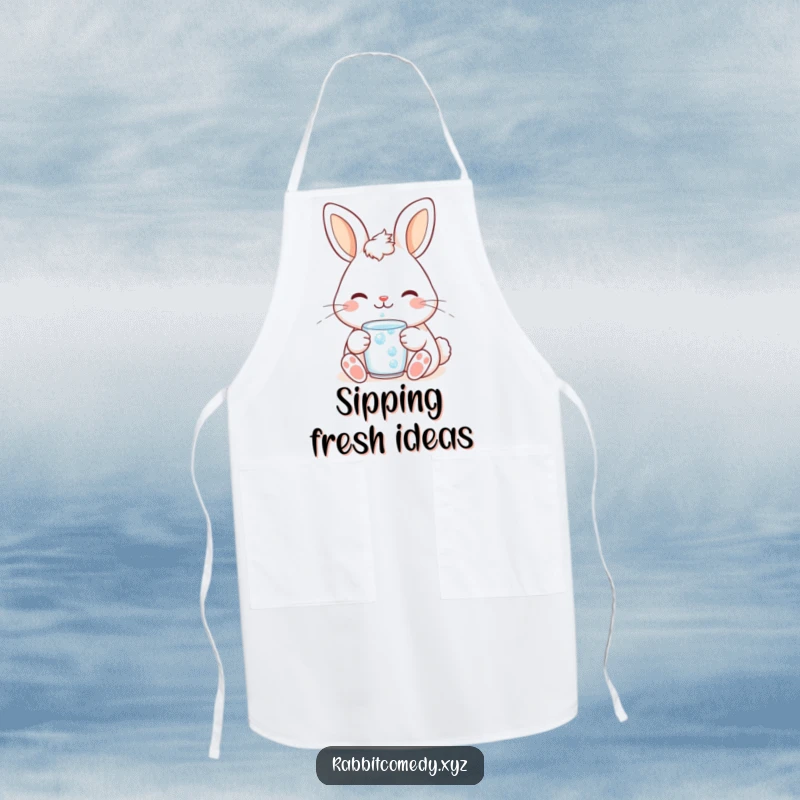 Funny cute kawaii rabbit apron, depicting a content bunny with a smile sipping a dewdrop, ideal for relaxed kitchen fun.