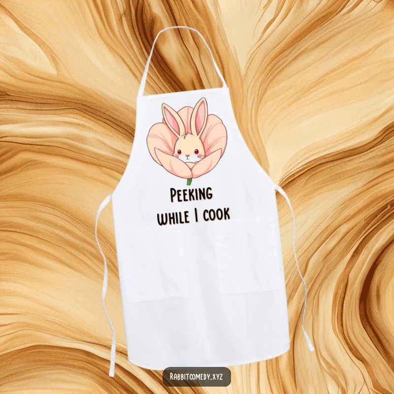Funny apron showing a curious rabbit peering from a flower bud, perfect for adding humor to cooking or baking.