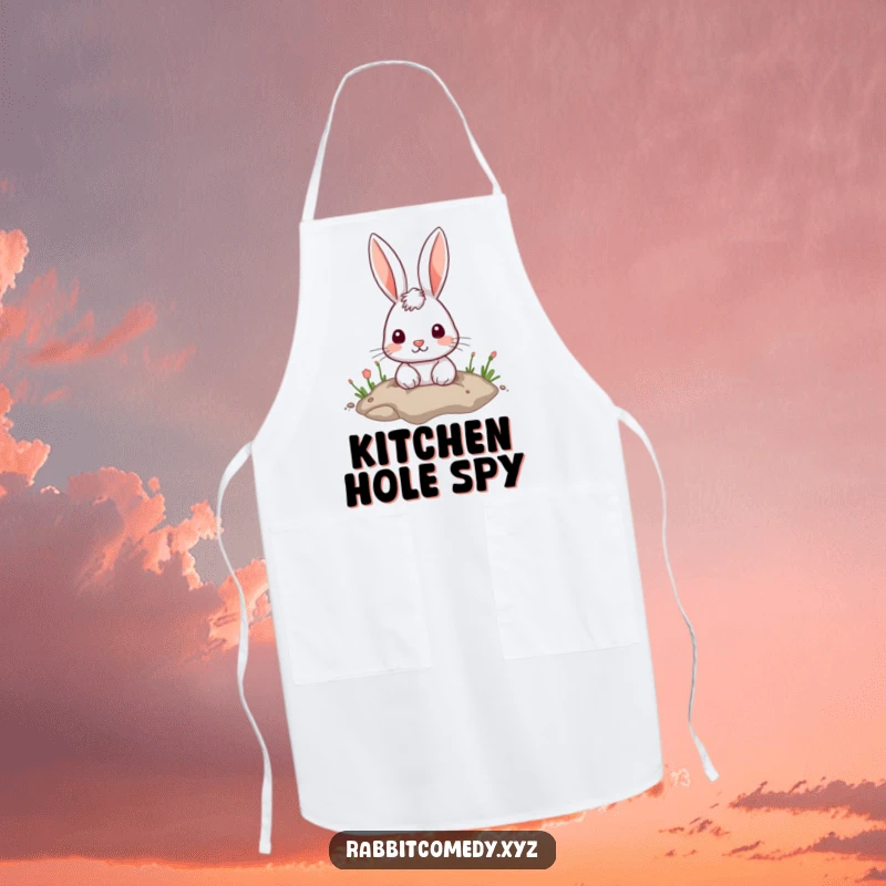 Funny Apron: A humorous apron design of a cute rabbit peeking out from a hole in the ground.