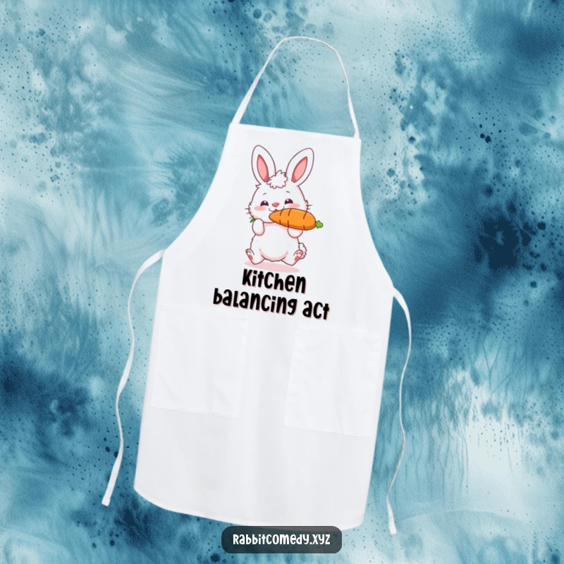 Funny apron showcasing a fluffy rabbit character bouncing a huge carrot on its nose, perfect for cooks who want to add humor and playfulness to their kitchen.