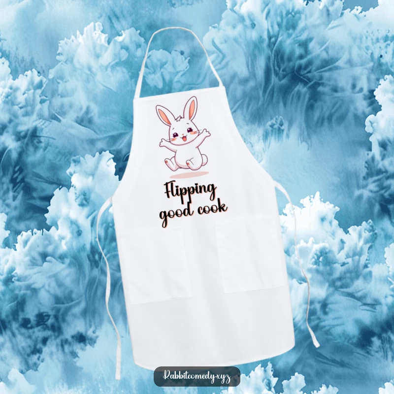 Funny Apron featuring a happy rabbit mid-cartwheel, exaggerated ears a blur of motion, perfect for a messy but fun kitchen.