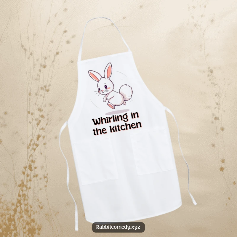 Funny apron featuring a playful rabbit chasing its fluffy tail in a dizzying circle, perfect for kitchen adventures with a whimsical touch.