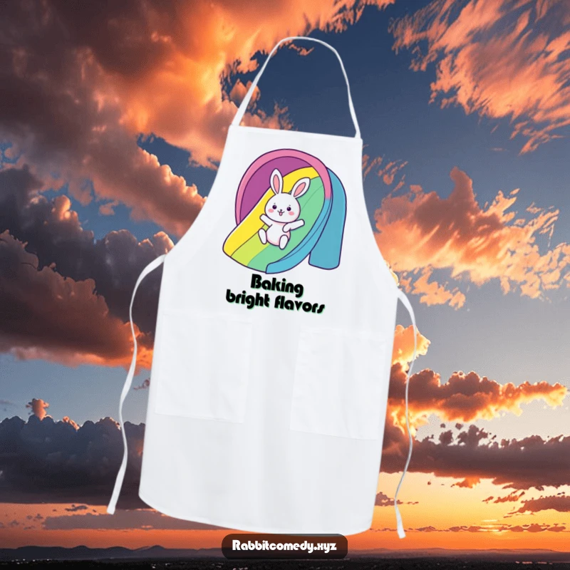 Funny Apron: A kawaii rabbit gleefully slides down a rainbow, suitable for a humorous and fun cooking experience.