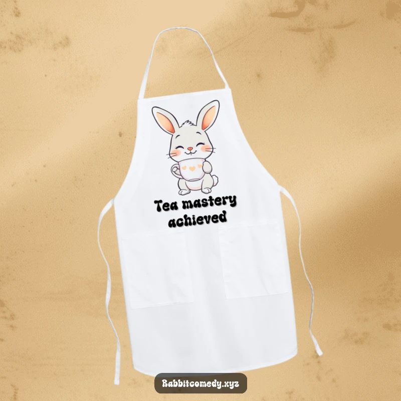 Funny smiling rabbit apron, balancing a teacup on its nose, elegant and humorous for stylish kitchen activities.