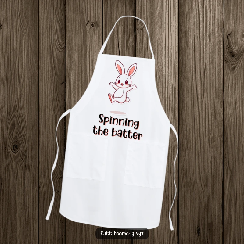 Funny cartoon rabbit character balancing on one leg, spinning quickly on a humorous apron, great for chefs.