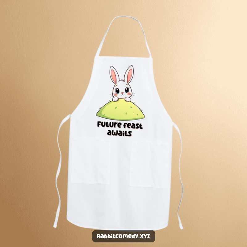 Funny apron with a stylized rabbit peeking over a hill, eyes wide with anticipation, perfect for kitchen fun and as a humorous gift.
