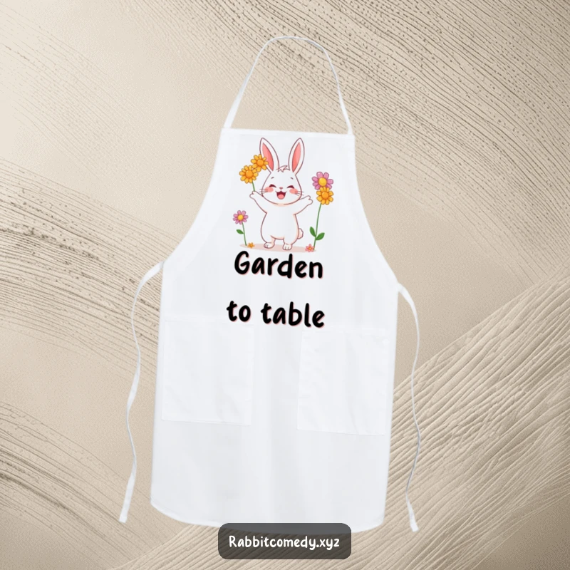 Funny apron showing a happy rabbit character expertly juggling three colorful wildflowers, perfect for kitchen fun.