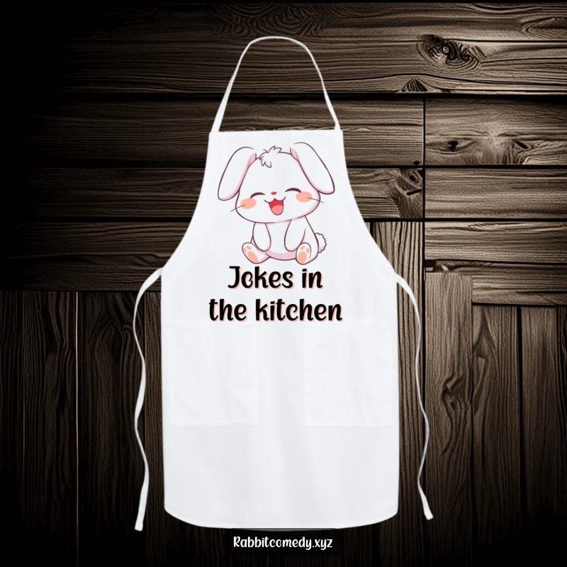 Funny apron for cooking, showing a giggling rabbit character with its ears flopped over, rolling with laughter, ready to bring joy to the kitchen.