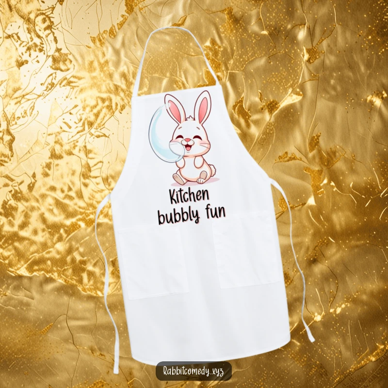 Funny apron featuring a giggling rabbit blowing a large bubble with its own face reflected, perfect for kitchen fun.