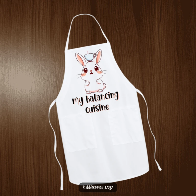 Funny cooking apron, a surprised rabbit character, a small teacup balanced on its head, perfect for a humorous kitchen experience.