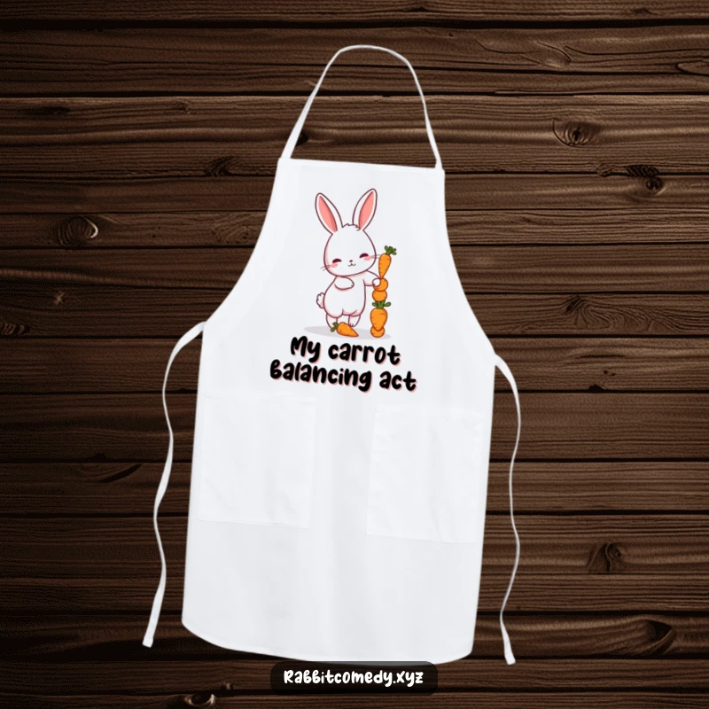 Funny apron featuring a petite rabbit balancing a stack of tiny carrots, perfect for baking and cooking.