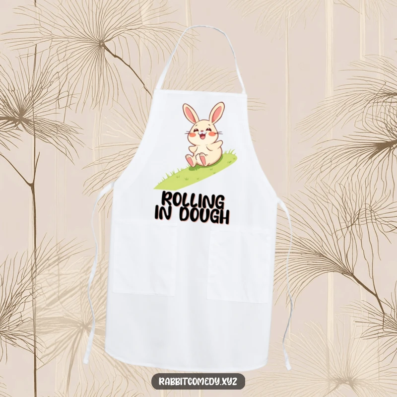 Funny apron featuring a giggling rabbit character comically rolling down a grassy incline, looking hilariously surprised while cooking.