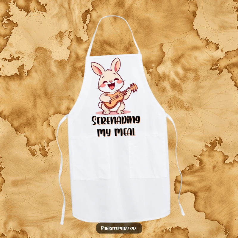Funny apron featuring a happy rabbit playing a tiny ukulele with a wide smile, perfect for kitchen fun.