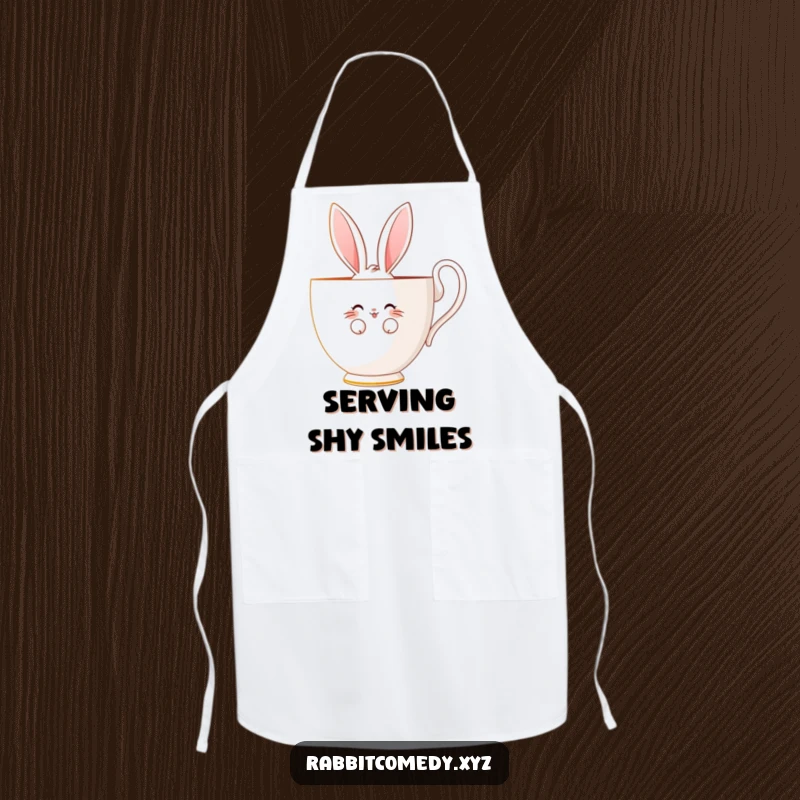 Funny apron featuring a shy rabbit character peeking bashfully from behind a giant teacup, adding a touch of charm.