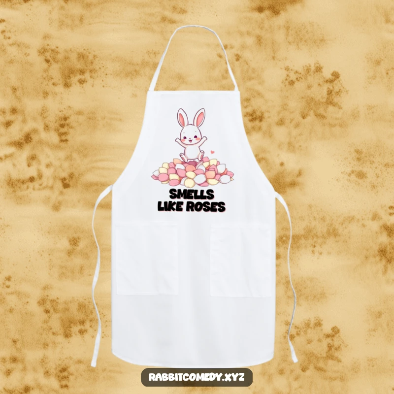 Funny apron featuring a jumping rabbit character joyfully landing in a soft pile of colorful flower petals, a cheerful kitchen accent.