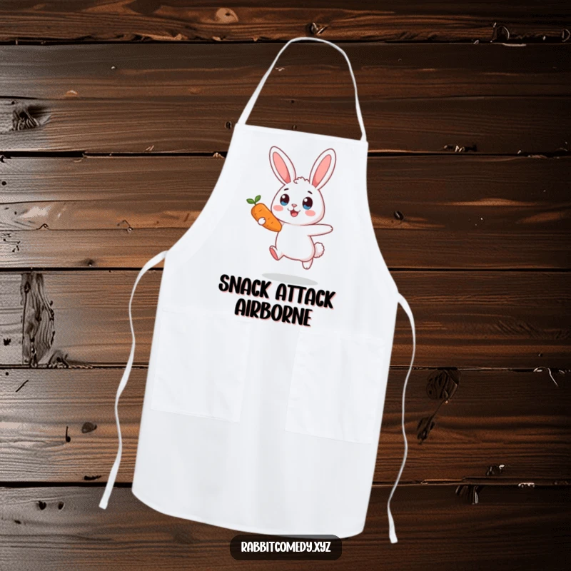 Funny surprised rabbit apron, mid-air, eyes wide, reaching for a carrot, a comical design for cooking and kitchen fun.