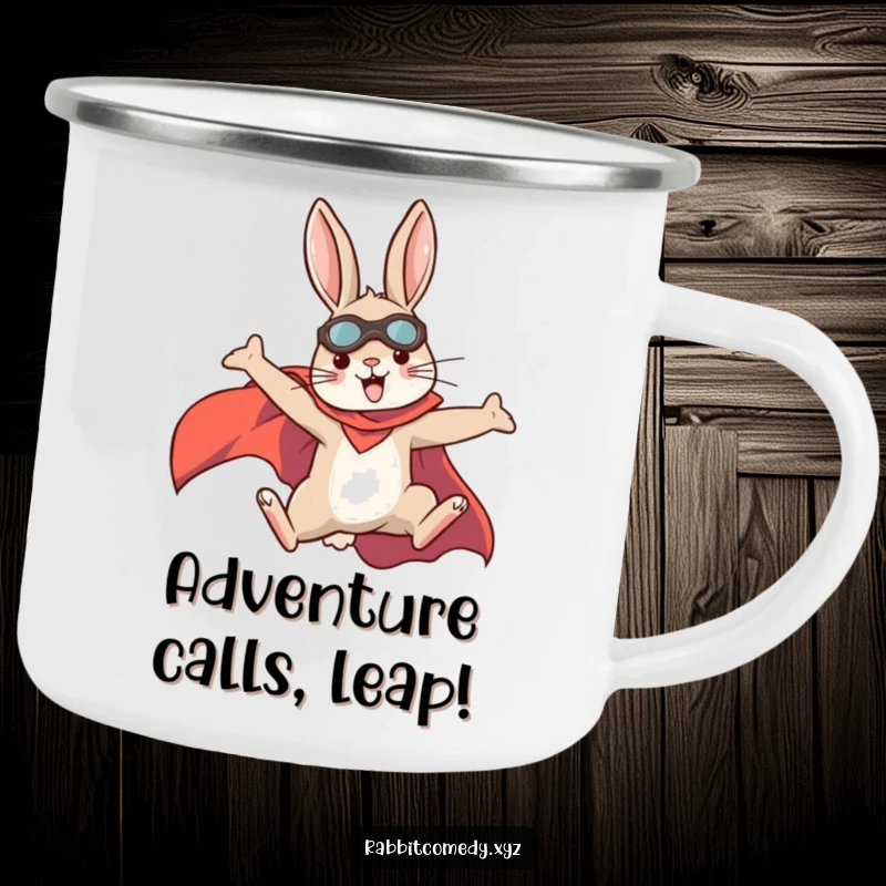 Funny rabbit superhero camping mug, cape flying, leaping with energy, perfect for outdoor adventures, a funny gift.
