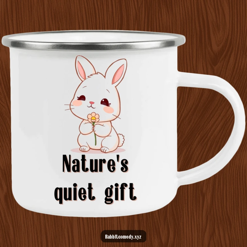 Funny shy rabbit camping mug, blushing and offering a flower, perfect for quiet moments and gentle sips, a funny gift.
