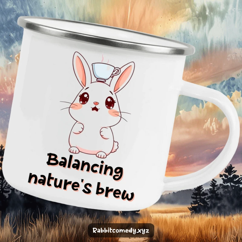 Funny enamel camping mug, a surprised rabbit with wide eyes, a teacup balanced on its head, ready for outdoor adventures.