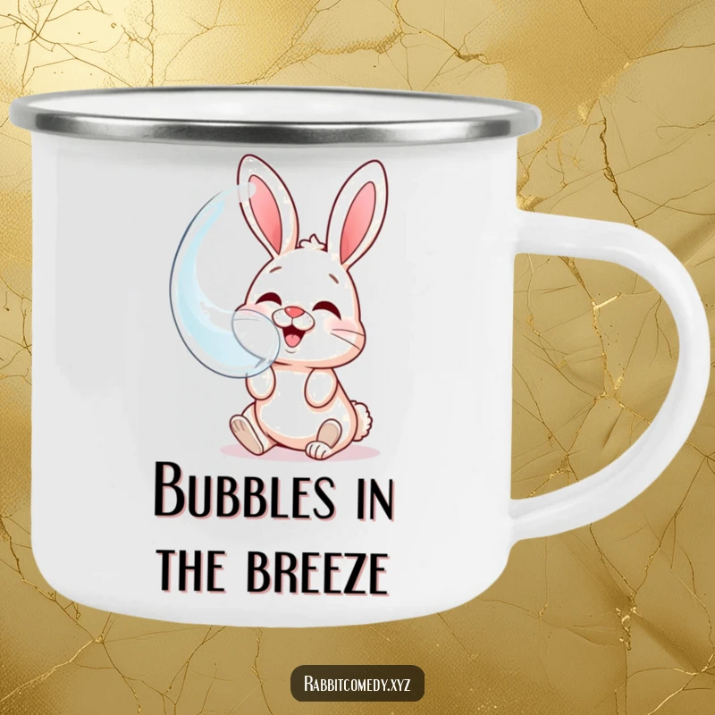 Funny camping mug featuring a giggling rabbit blowing a huge bubble with its own face reflected.