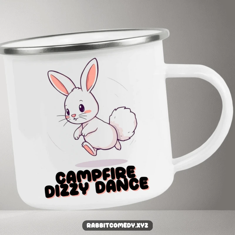 Funny camping mug featuring a playful rabbit chasing its fluffy tail in a dizzying circle, ready for outdoor adventures with a burst of fun.