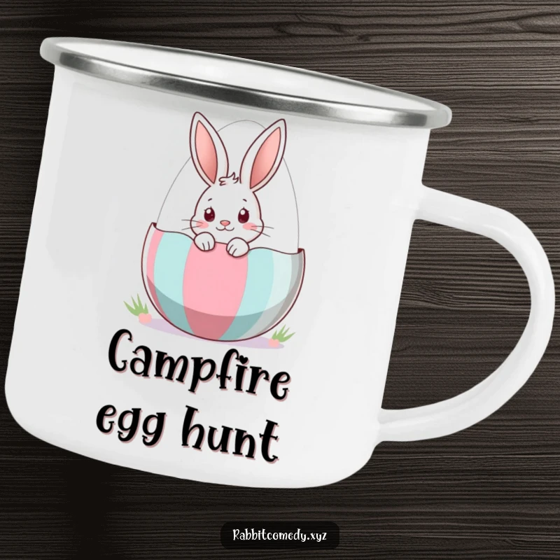 Funny Camping Mug showing a curious rabbit peeking out of an Easter egg, perfect for outdoor enjoyment with a holiday theme.