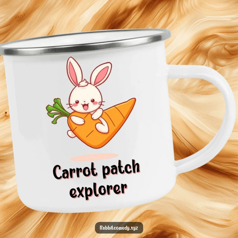Funny kawaii rabbit character joyfully hopping on a massive carrot, an adventurous and cute camping mug design.