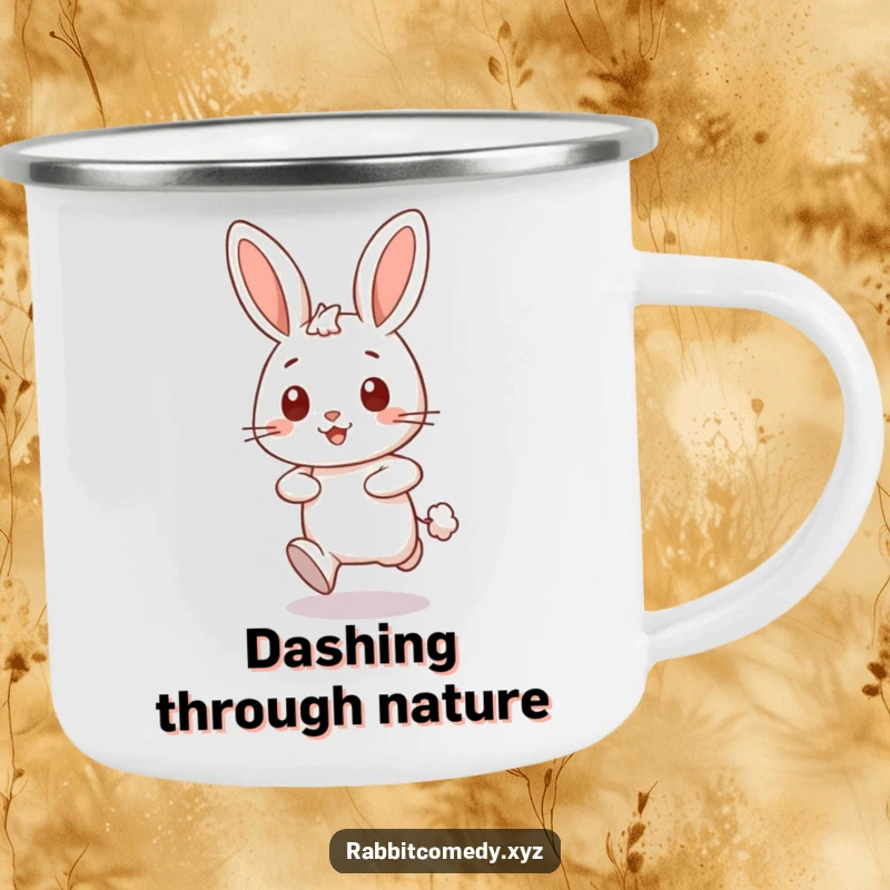Funny happy rabbit character dashing forward, leaving a puff of dust on a humorous camping mug, great for outdoors.