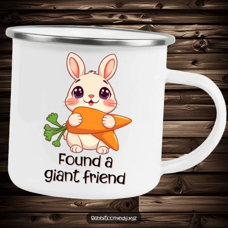 Funny Camping Mug: An enamel mug with a surprised rabbit holding a giant carrot for outdoor fun.