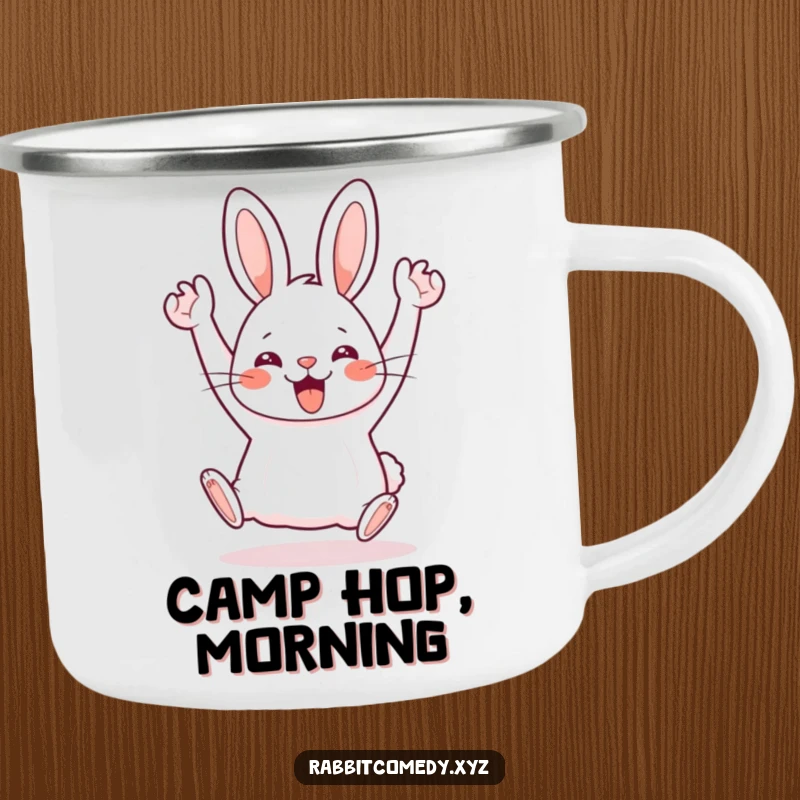 Funny Kawaii rabbit doing a silly hop with arms in the air, perfect for this outdoor camping mug.