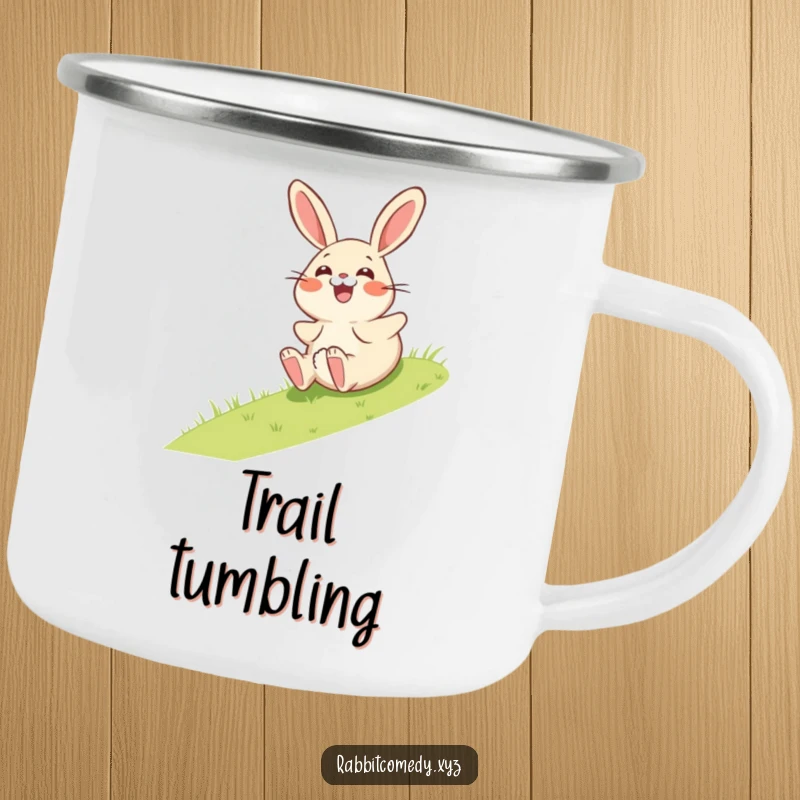 Funny camping mug depicting a giggling rabbit character comically rolling down a grassy incline, embracing the surprise of the adventure.