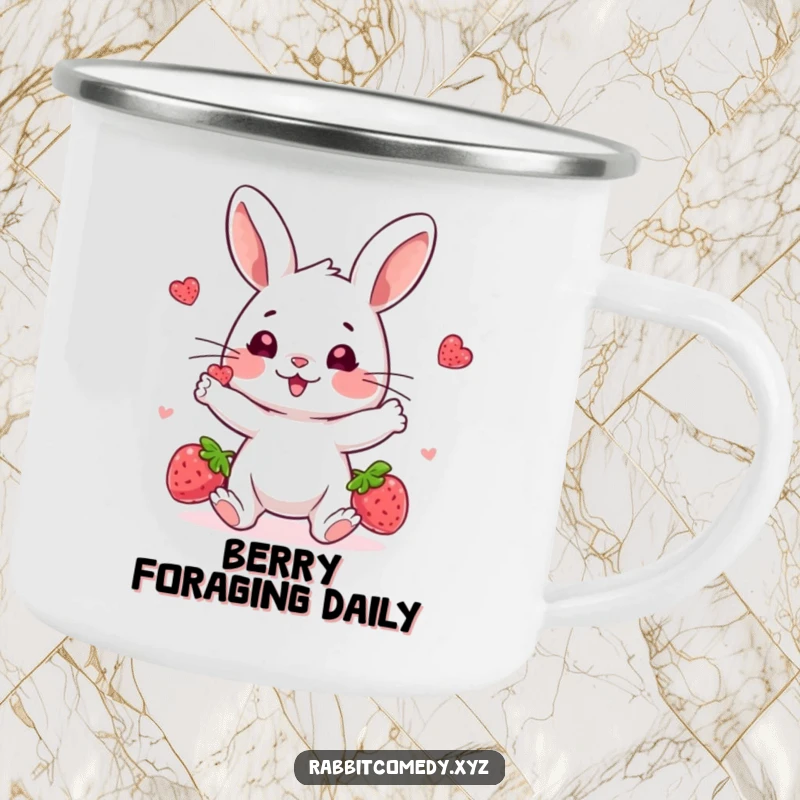 Funny enamel camping mug, a playful rabbit character juggling bright berries with intense focus and a happy expression, for outdoor fun.