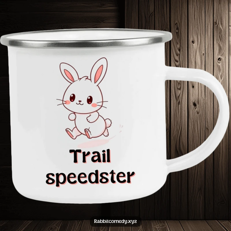 Funny Kawaii rabbit camping mug, dashing playfully, leaving a dust trail, a cute design for outdoor enjoyment and smiles.