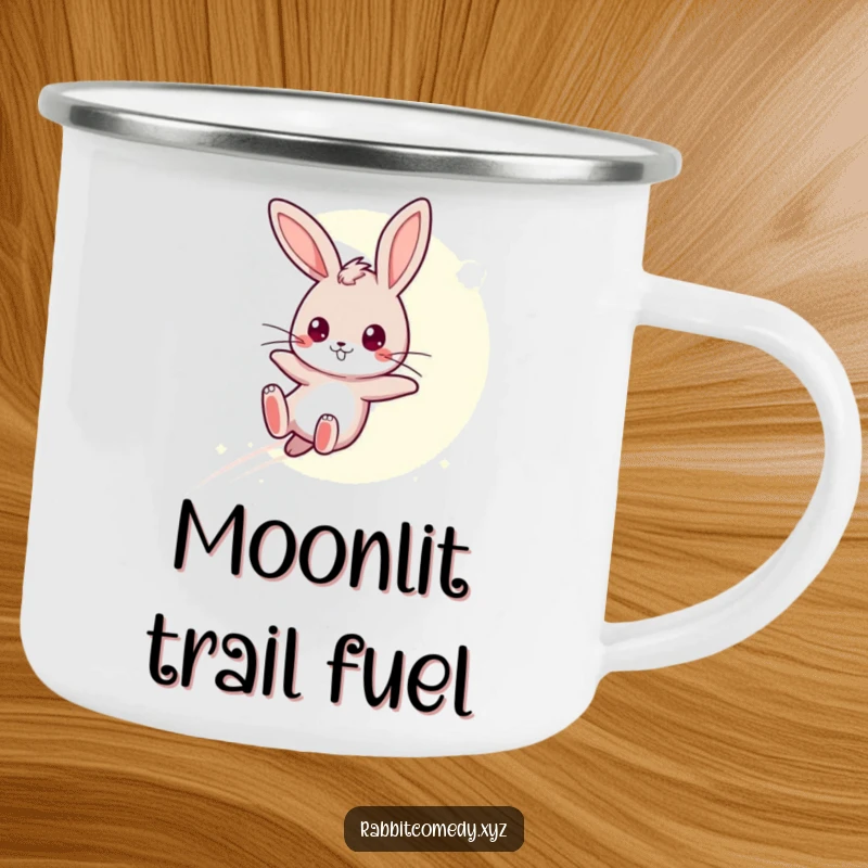 Funny Camping Mug: A determined kawaii rabbit leaps over a moonbeam, ideal for humorous adventures and magical nights.