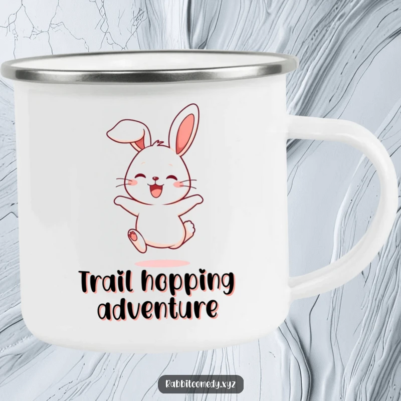 Funny camping mug showing a cute rabbit character joyfully hopping, ears flopping, perfect for outdoor fun.