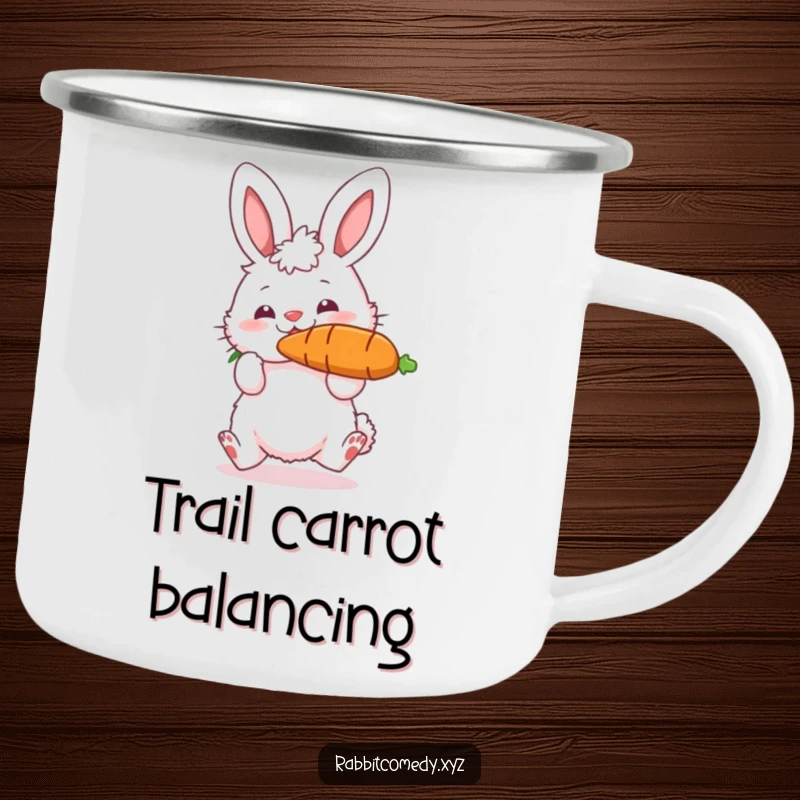 Funny camping mug showcasing a fluffy rabbit character bouncing a large carrot on its nose, perfect for adding humor and amusement to outdoor activities.