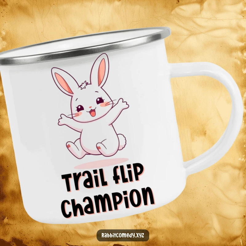 Funny Camping Mug featuring a happy rabbit mid-cartwheel, exaggerated ears capturing the wind, perfect for rugged and humorous outdoor hydration.